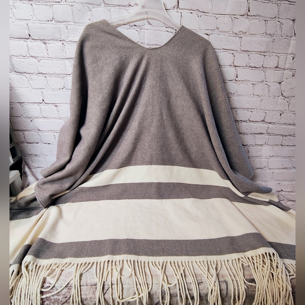 Sundance Wool Blend Fringed Poncho Open Knit Striped Cape One Size Bohemian - Picture 2 of 11